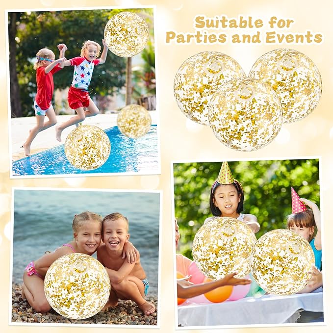 12 Pack 12 Inch Glow in The Dark LED Beach Ball Jumbo Confetti Glitters Inflatable Ball Swimming Pool for Party Pool Summer(Gold)
