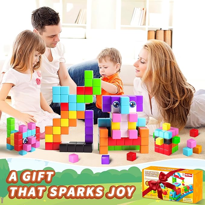 65PCS Magnetic Blocks with Magnet Eyes Toy, Magnetic Building Blocks with Storage Bag for Kids Gifts, STEM Preschool Sensory Magnetic Cubes for Toodlers Boys Girls Ages 3 4 5 6 7 8, Bright Color