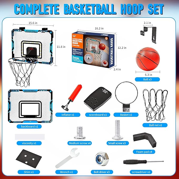 BATURU Mini Basketball Hoop Indoor for Kids – Over The Door Basketball Hoop with LED Scoreboard, Lights, Sound – Sports Gifts Toys for Boys Ages 5-12