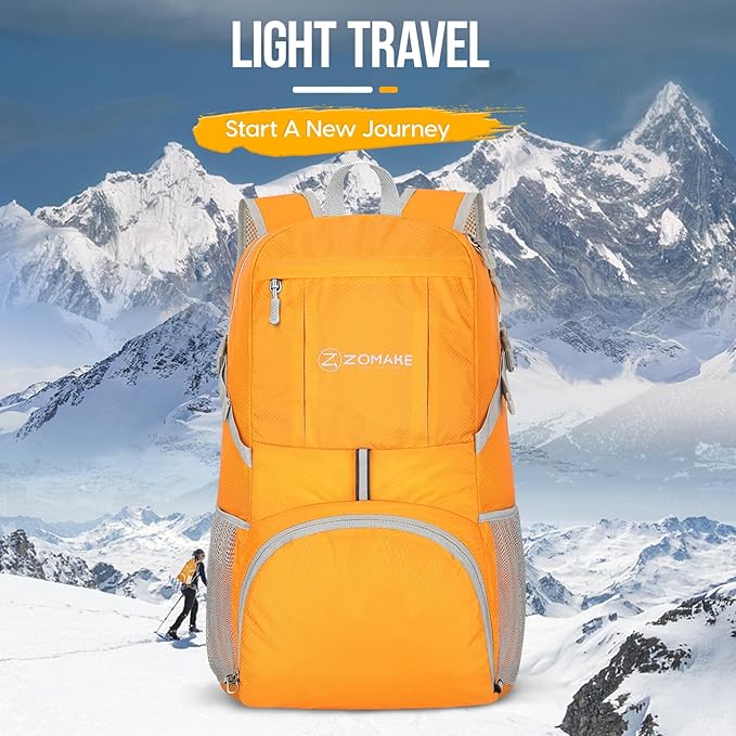 ZOMAKE Lightweight Packable Backpack 35L, Light Foldable Backpacks Water Resistant Collapsible Hiking Bag, Compact Folding Day Pack for Travel Camping(Yellow)