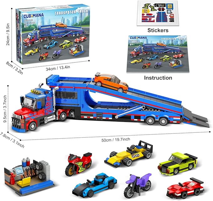 City Transporter Truck Building Set with 7 Sports Cars - Adjustable Loading Ramp Tow Semi Truck with Carrier & Trailer Building Toy Pretend Play Birthday Gifts for Kids Boys Girls Aged 8-14