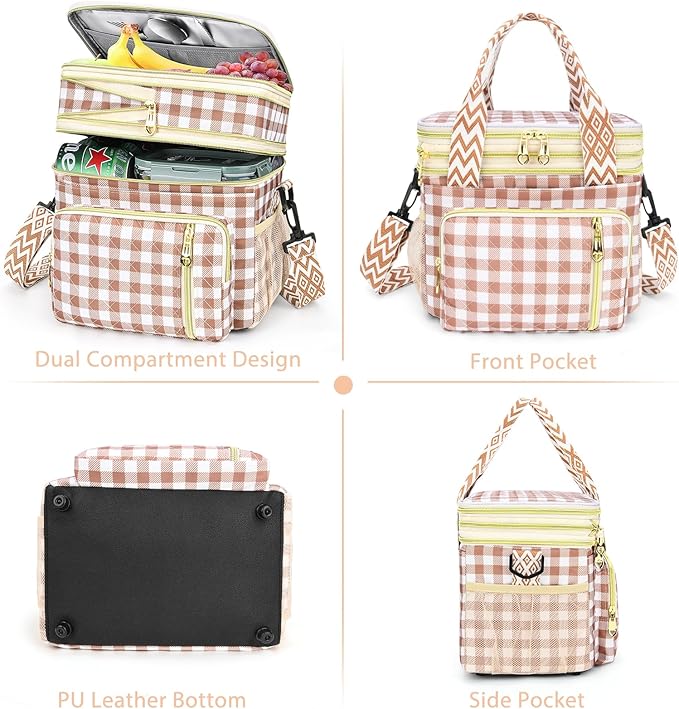 LOKASS Lunch Box for Women-16L-Insulated Lunch Bag Women, Expandable Double-layer Leakproof Cooler Bag with Upgrade Adjustable Shoulder Strap Ideal for Work/Travel/Picnics(Brown&White Check)