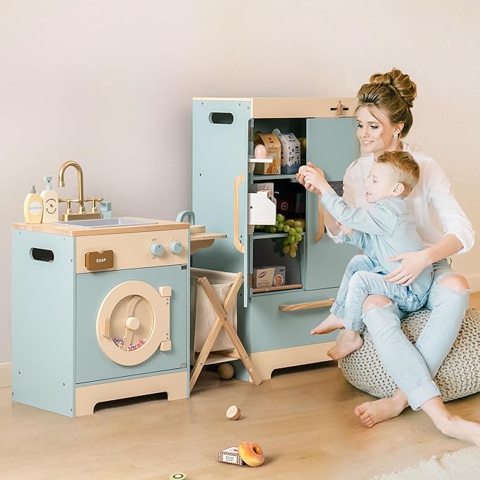 ROBOTIME Wooden Play Kitchen, Toddler Kitchen Playset with Oven, Fridge & Washing Machine, Kids Kitchen Playset Gift for 3+ Year Old Boys & Girls