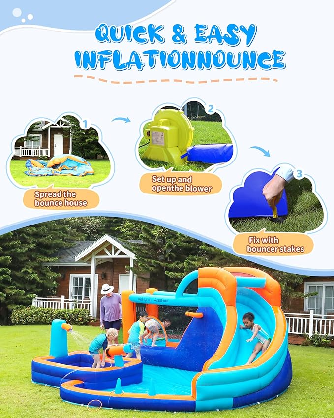 AirMyFun Inflatable Bounce House Water Slide with Curved Slide & Ball Pit Splash Pool - Kids Outdoor/Indoor Water Play Center for Backyard, Birthday Parties - Includes Basketball Hoop & Blower