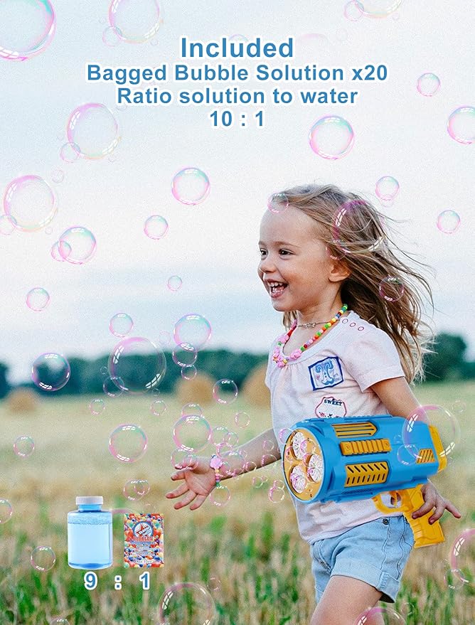 Upgraded Bubble Machine Gun, Built-in Solution, Automatic Blower, 8000+ Bubbles Per Minute for Kids Adults Maker Halloween Toys Indoor Outdoor Wedding Birthday Party - Blue