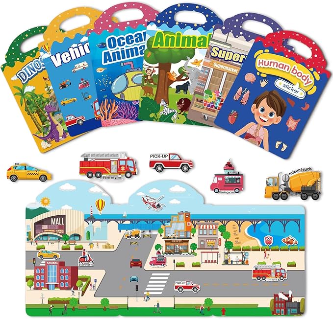 6 Sets Reusable Sticker Books for Toddlers 2-4 Years, Jelly Sticker Activity Books for Kids, Travel Toys for Toddlers Ages 2+ Girls & Boys
