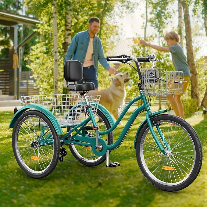 YITAHOME 24 & 26 Inch Adult Tricycle, 1 & 7 Speed 3 Wheel Bikes, Large Seat with Backrest Trike for Adults with Front & Rear Baskets, Cruiser Bike for Seniors Women Men Commute Picnic Outdoor