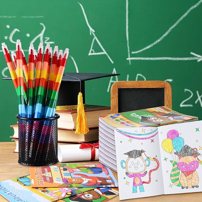 BenLouis 12 Kindergarten Graduation Mini Coloring Books Kids with 12 Stacking Crayons Preschool Classroom Party Favors Small Activity Books Bulk for Kids Student Grad Party Gift Goodie Bag Stuffers