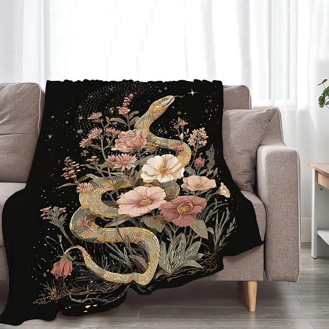 Golden Snake Blanket Fantasy Floral Reptiles Throw Blankets Gifts for Girls Boys Kids Snake Lover Soft Cozy Fleece Plush for Couch Sofa Bed 60"x50"
