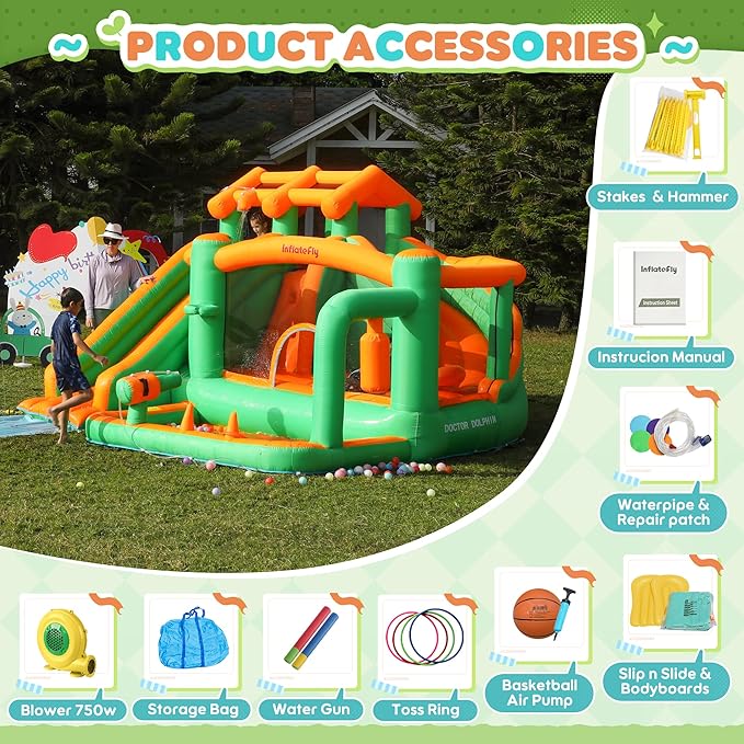 Bounce House Inflatable Waterslide Kids Bouncy Catle Dual Slides Water Park with Slip and Slide for Wet and Dry