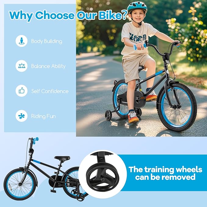 BABY JOY Colorful Macarons Kids Bike, 12 14 16 18 Inch Sporty Children's Bicycle with Training Wheels, Adjustable Handlebar & Saddle, Handbrake & Coaster Brake, Boys Girls Bike for 3-8 Years Old