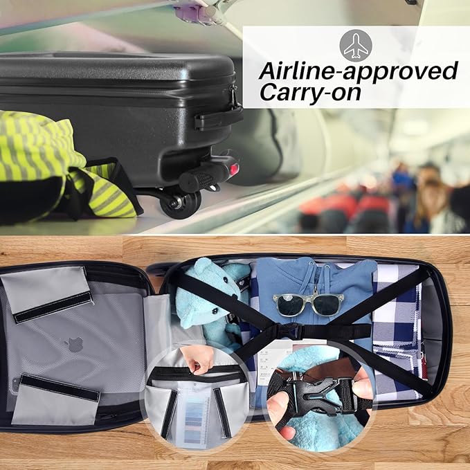 Scooter Luggage for Kids Scooter Suitcase for Ages 4-12, 4 in 1 Kids Luggage Boarding Suitcase Detachable & Foldable Scooter Travel Trolley Ride On Luggage-Black