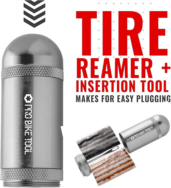 PRO BIKE TOOL Tubeless Bike Tyre Repair Kit – for MTB and Road Bicycle Tyres – Fix a Puncture or Flat, Fast – Tackle Set Includes Storage Canister, Plugger Tool and Plugs
