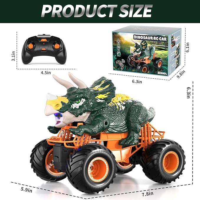 Bennol Remote Control Dinosaur Truck Toys for Kids Boys 3-5 4-7, 2.4GHz RC Dino Car Toys with Light, Sound & Spray, Indoor Outdoor All Terrain Electric RC Monster Car Gifts for 3 4 5 8 10 12 Boys Kids