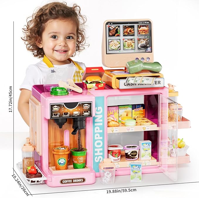 Kids Grocery Store Playset, Pretend Play Store with Kids Cash Register Scanner, Play Coffee Maker, Toy Foods,Play Money, Luxury Supermarket Toy Set, Preschool Toys for Kid Girls Gifts