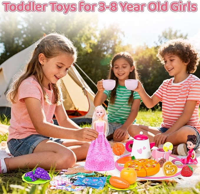 Tea Party Set for Little Girls, Princess Tea Time Toys with Play Food & 2 Dolls Dress up Set, Pretend Kids Kitchen Playset for Girl Toddler Age 3-8 Birthday Gifts