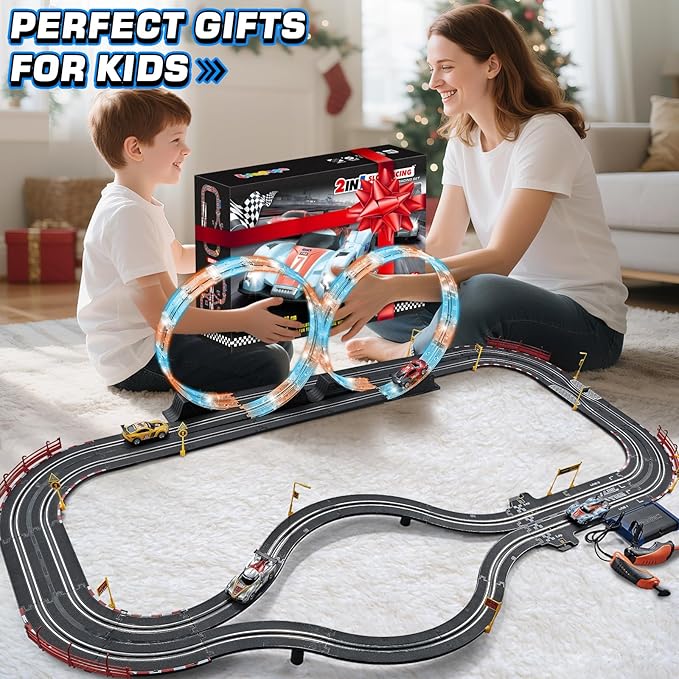 Boy Toys Gifts for 6 7 8-12 Years Old, Slot Car Race Track Sets with 4 Slot Cars, Battery or Electric Car Track with Flash Light, Dual Racing Game Lap Counter Circular Overpass Track Gifts for Kids