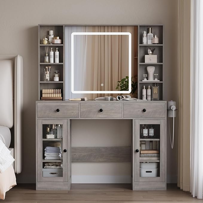 Vanity Desk with Mirror and Lights, White Makeup Vanity with Glass Top & Drawers, 3 Lighting Modes, Power Outlet, RGB Glass Cabinets, Modern Dressing Table for Girls, Women, Teens