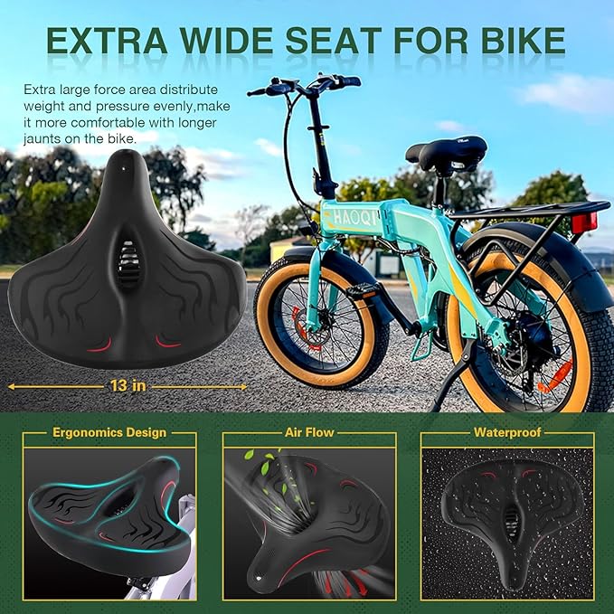 Haoqi Bike Seat Cushion for Men & Women Oversized Bike Saddle Compatible with City, Electric, Stationary, Peloton, MTB, Racing Bikes, Wide Winged, Padded, Waterproof, Shock Absorbing, Universal