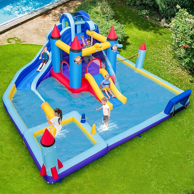 BOUNTECH Inflatable Water Slide, 10-in-1 Water Park Jump Castle for Big Kids 5-12, Water Slides Inflatables w/Huge Splash Pool, Football Gate, Water Bounce House for Kids Outdoor Backyard Party Gifts
