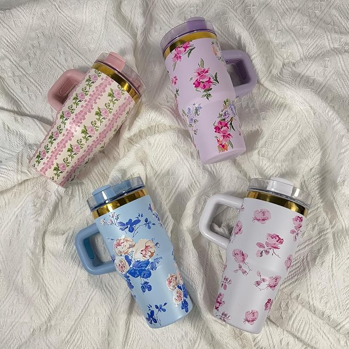 14 oz Tumbler with Handle and Straw, 14oz Toddler Tumbler with Lid and Straw for Kids Stainless Steel Tumblers, Outdoor Sports Travel School Gift, Keeps Drinks Cold up to 24 Hrs(WhiteFlower)