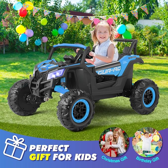 JOYLDIAS 4WD Ride On Car, 12V Battery Powered Electric Off-Road UTV for Kids, 4X4 Electric Vehicle with 4 Powerful Engines, 2.4G Remote Control, Music, Bluetooth, LED Lights for Boys and Girls, Blue