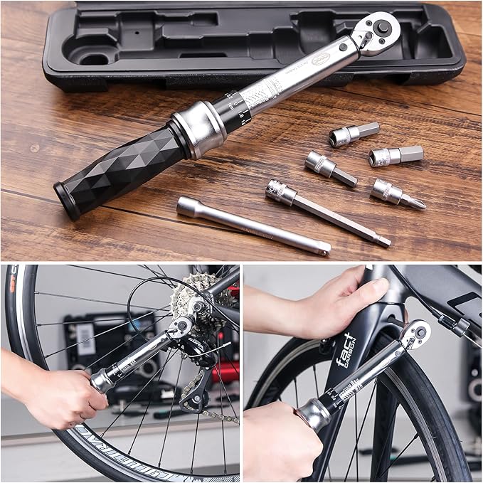 Bike Torque Wrench Set 1/4" Drive Click 1-25 Nm - Bicycle Maintenance Tool Kit for Road/Mountain Bikes - Includes Allen, Torx, Philip, Extended H5 Socket Bit Repair Set, Extension Bar & Storage Box