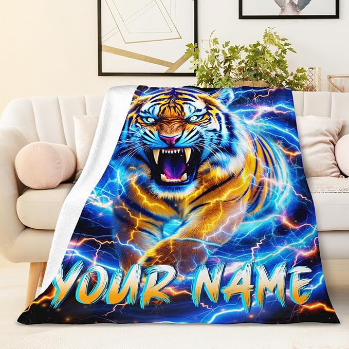 Personalized Blanket for Boys Men, Tiger Throw Blankets for Kids Adults Son Tiger Lovers 60x80 Inches Lightweight Cozy Custom Throw for Sofa Couch Bed Living Room Office Trip