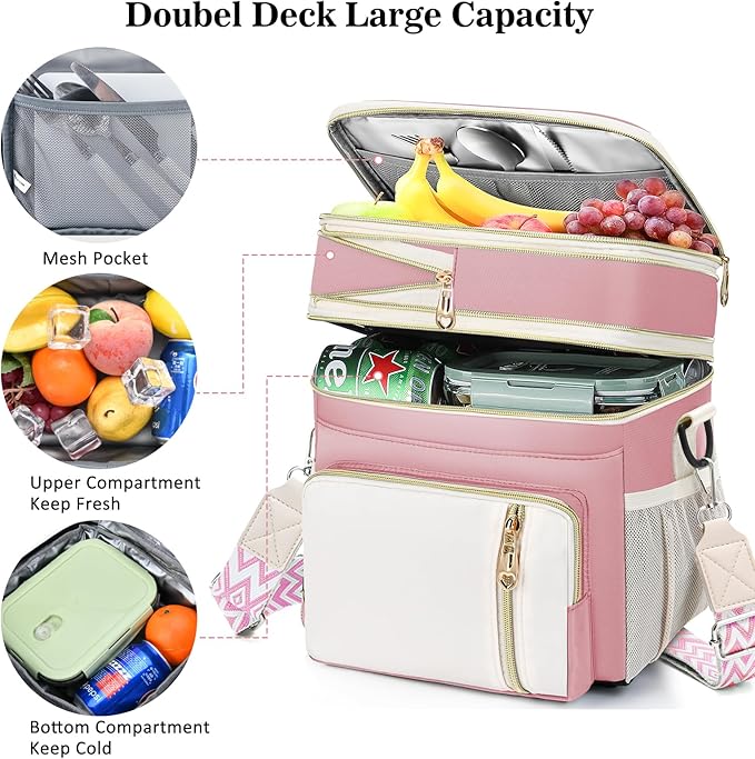LOKASS Lunch Box & Lunch Bag for Women Men Double Deck, Large Insulated Adult Lunch Box Leakproof Lunchbox Cooler Bag for Work Picnic Beach,(Pink&White 16L)