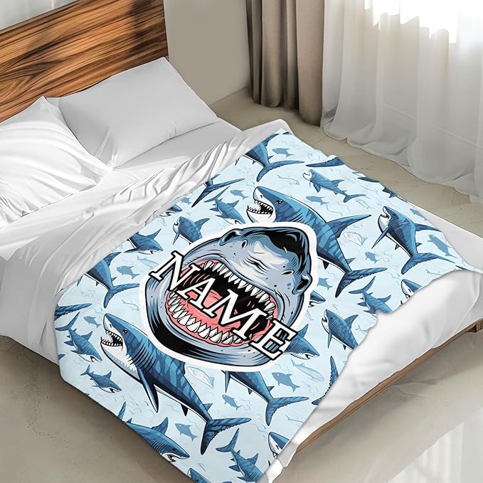 Custom Blanket for Kids Teens Boys Custom Shark Themed Stuff Throws Gifts, Personalized Plush Comfort Cozy 4 Sizes Throw for Sofa Couch Bed Office Travel Party Decor