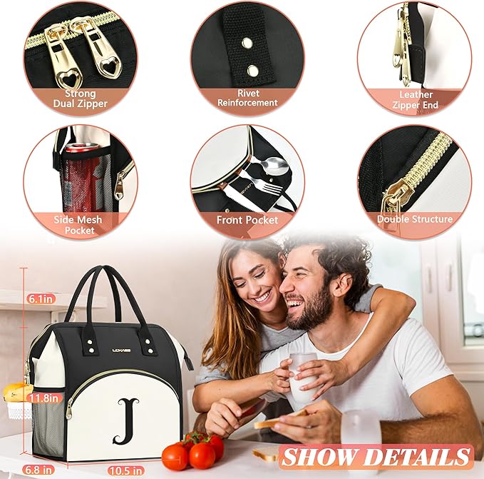 Personalized Lunch Box for Women, Initial Reusable Insulated Lunch Bag, Wide-Open Adult Lunchbox Cooler Lunchbag, Leakproof Lunch Tote for Picnic Work Outdoors, Christmas Gift for Women, V