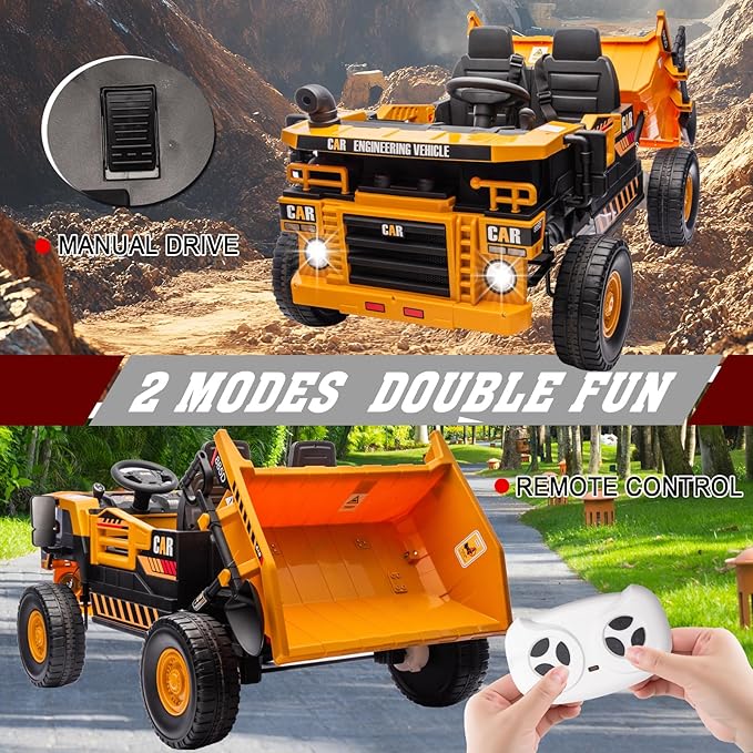 24V 4WD 2-Seater XL Kids Ride on Truck Electric Toy Car with Electric Dump Bed, Parents Remote Control Kids Car Tractor Toys Ride-on Dump Truck for Boys and Girls Ages 3+, Yellow