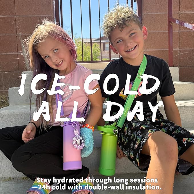 Mininoo Insulated Stainless Steel Kids Water Bottle for School with Straw Lid & Strap, 50 Stickers, 18 oz(Sweat Peach)