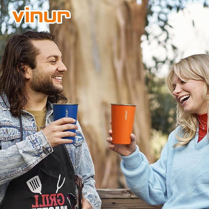 VINUR 4 Pack Stainless Steel Cups 16 oz Pint Tumbler Stackable Metal Drinking Glasses for Travel, Camping, Outdoors (Baby Blue-Navy-Teal-Purple)