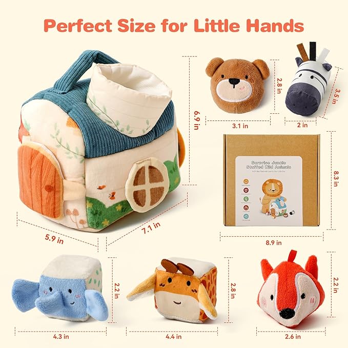 Youuys Travel Sensory Toys for Babies 6-12 Months & Toddlers 1-3 Year Old On-The-Go Montessori Soft Stuffed Animal Set with Crinkle, Rattle, Safe Mirror Educational for Kids Boy Girl