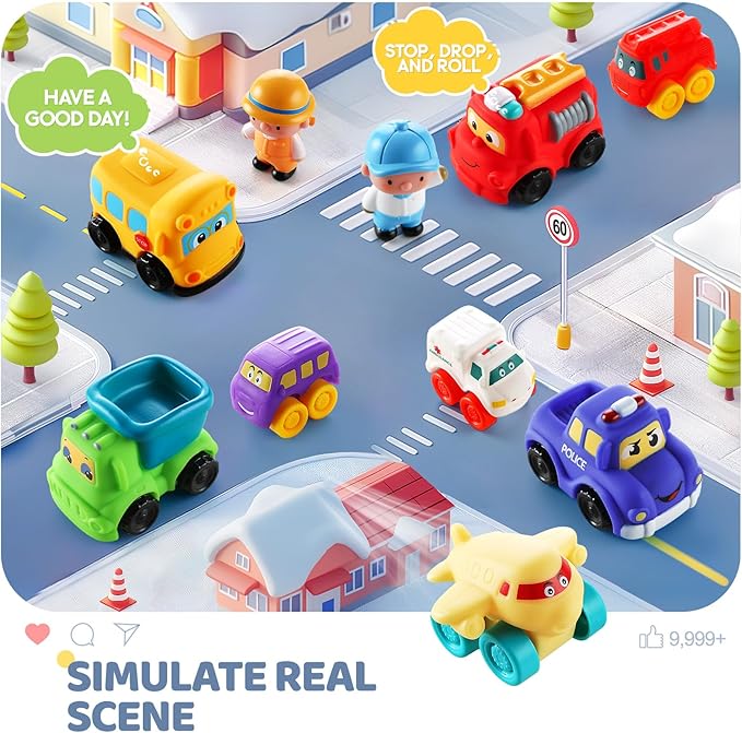 Soft Rubber Toy Figure Car for 1 Year Old Boy with Playmat (Storage Bag)|12 PCS Cartoon Cars Baby Toys for 12-18 Months & Toddler Age 1-2|First Birthday for 1 2 3 Year Old Boy