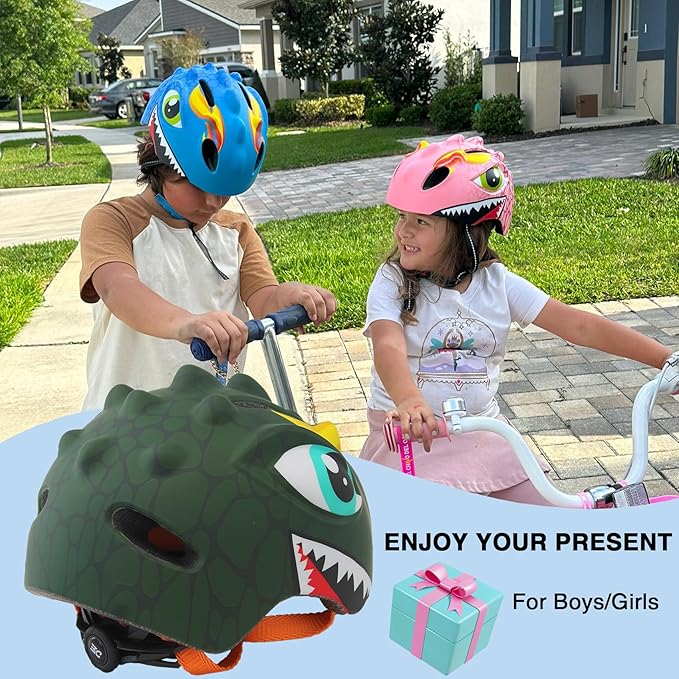 Toddler Helmet Kids Bike Helmet for 2 3 4 5 6 7 8 Years Old Girls with 3D Dinosaur Design Protective Gear Set and Safety Certified, Toddler Bike Cycling Skating Skateboard Scooter Helmet