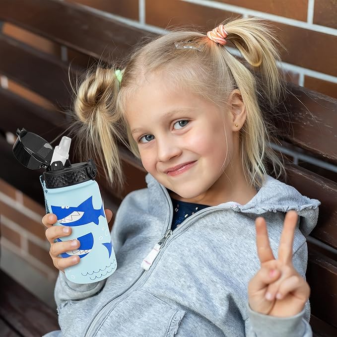 GOPPUS Kids Water Bottle (Straw Lid) - 14 Oz Stainless Steel Travel Bottle, Double Wall Vacuum Leak Proof Kids Cup for School Boys Girls,Iron Shark