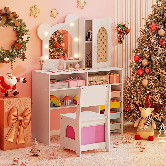 Costzon Kids Vanity with Lights, Girls Vanity Set with Mirror, Storage Drawers, Cabinet & Shelves, Toddler Makeup Vanity Desk Dressing Table, Wooden Kids Vanity Table and Chair Set (White)