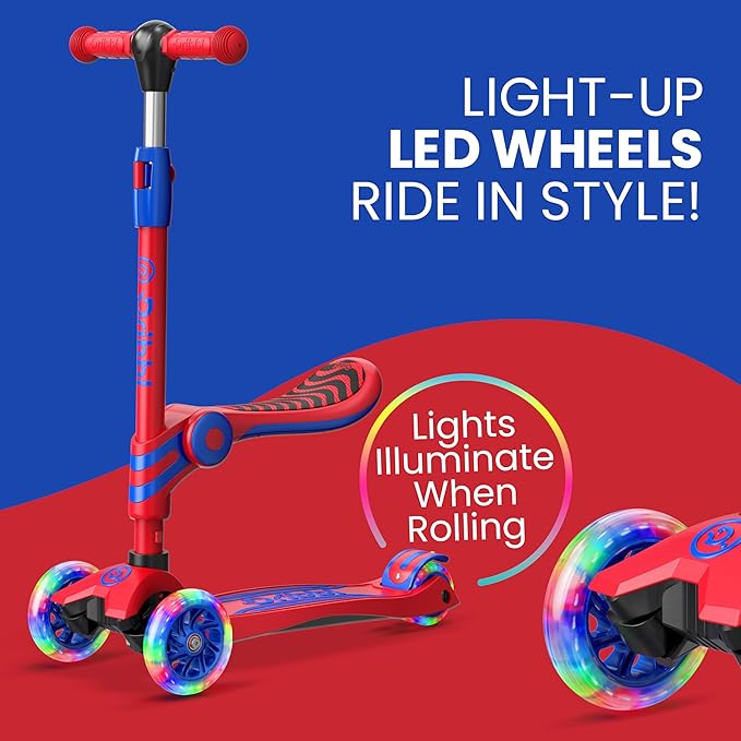 Red and Blue 3 Wheel Scooter with Seat for Kids – Light-Up LED Wheels, Adjustable Handlebar and Seat, Smooth PU Wheels, Wide Anti-Slip Deck, Rear Foot Brake – Toddler Outdoor Toys for Ages 2+