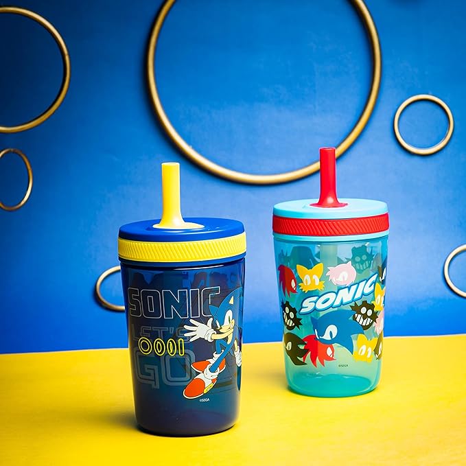 Zak Designs Sonic the Hedgehog Kelso Toddler Cups For Travel or At Home, 15oz 2-Pack Durable Plastic Sippy Cups With Leak-Proof Design is Perfect For Kids (Sonic)