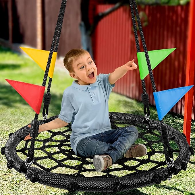 Odoland Spider Web Platform Swing, Outdoor Saucer Net Swings, 900D Oxford for Kids & Adults - Backyard Round Swing with Rope Straps & Turnbuckle, 24in, Black
