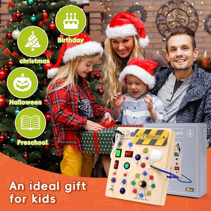 Montessori Busy Board for Toddlers, 19-LED Wooden Sensory Activity Board, Educational Toys for 3-6 Year Olds, Travel Toy for Early Science Exploration