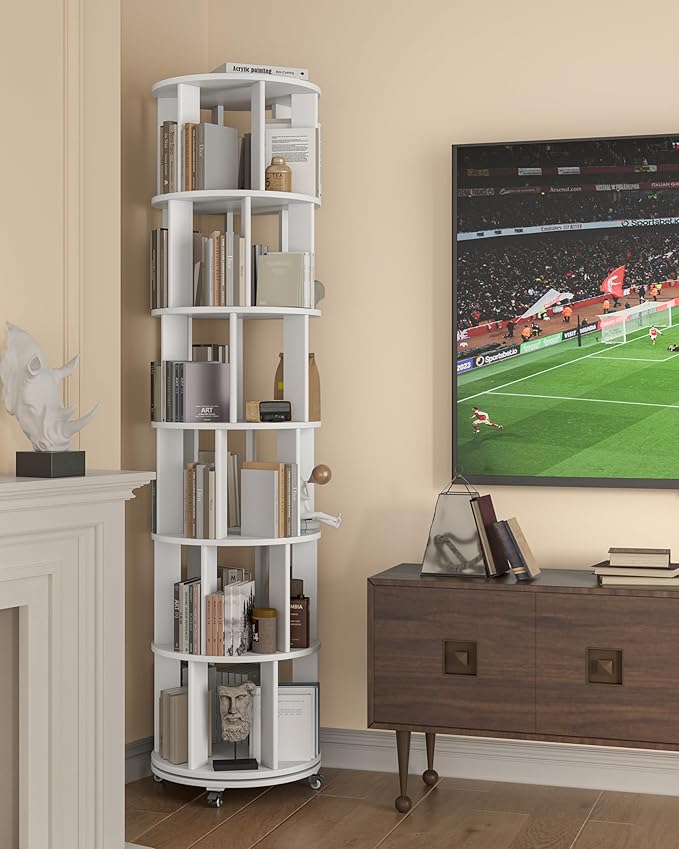 6-Tier Solid Wood Rotating Bookshelf on Wheels, 360° Spinning Book Shelf Tower, Round Revolving Bookcase Organizer, Rolling Bookshelves for Small Spaces, Corner, Bedroom, Kids Room, Office, White