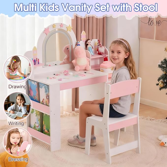 Karl home Kids Vanity Set with Lighted Mirror and Stool, Princess Makeup Vanity Desk with Bookshelf & Drawers, Toddler Dressing Table and Chair Set with Storage Shelves for Little Girls, White