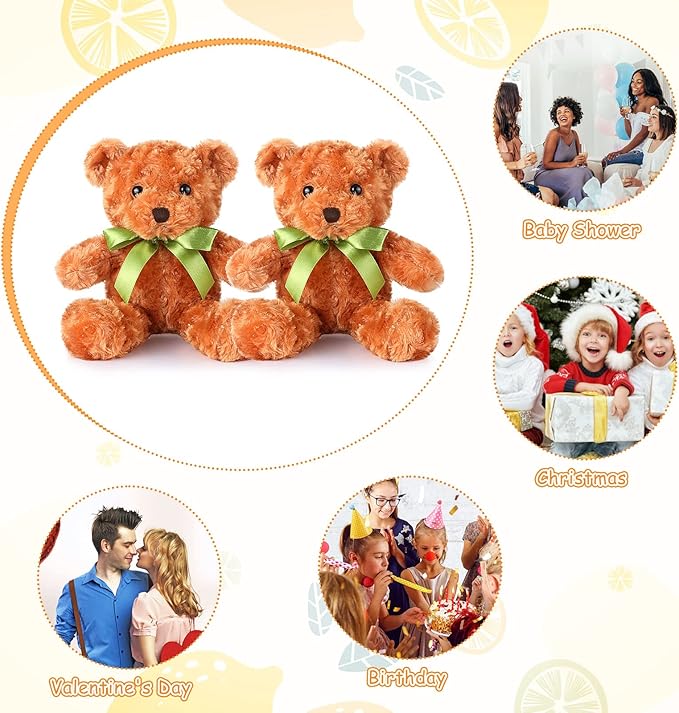 Hungdao 24 Pcs Bear Bulk Plush Stuffed Animals 10 Inch Cute Soft Stuffed Bear with Green Bow for Baby Shower Birthday Party Gift (Light Brown)