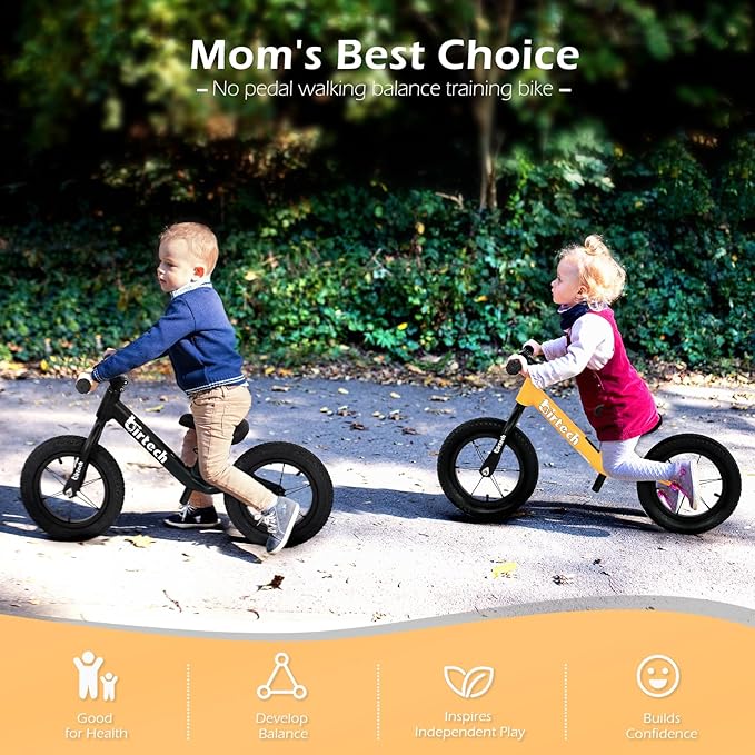 12" Balance Bike for 2, 3, 4, 5 Year Old Boys and Girls, Lightweight Nylon Frame Toddler Training Bike No Pedal Bikes for Kids with Adjustable Seat and Air Tires