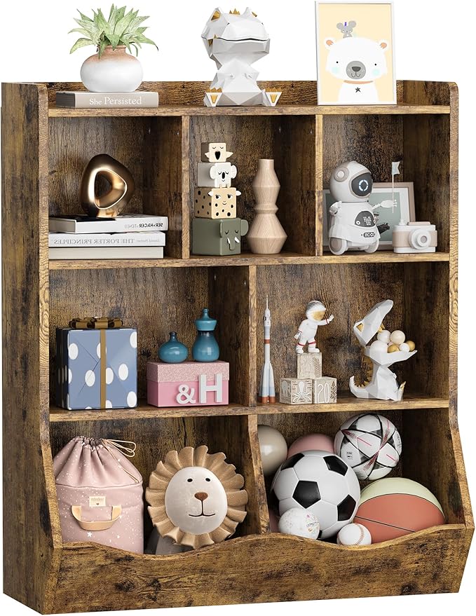 GarveeHome Rustic Brown Toy Storage Cabinet, Three-Tier Kids Bookshelf and Bookcase for Storage Books and Toys, Multi Shelf with Cubby Organizer for Bedroom and Playroom