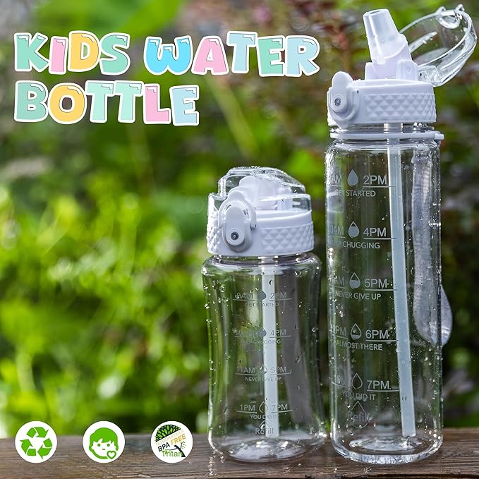 OLDLEY 12oz Kids Motivational Water Bottle, Silicone Straw, Leak-Proof Tritan BPA-Free, Reusable for School Girls & Boys, Clear