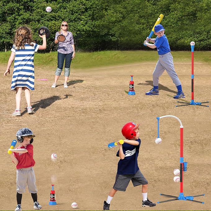 QDRAGON 4 in 1 Tball Set for Toddlers 3-5 with Toss and Catch Ball Set/ 2 Bats, Hanging Tee Ball Stand with Auto Pitching Machine, Indoor Outdoor Sport Toys Christmas Birthday Gifts for Boys Girls